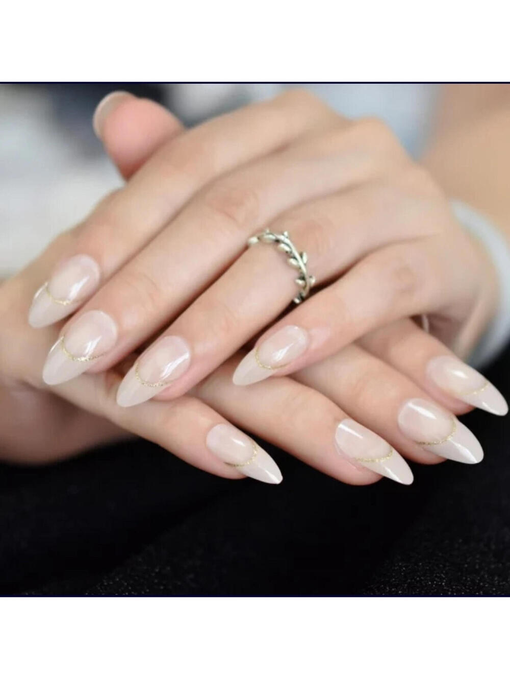 24 Medium Press on nails kit w glue almond french glitter nude gold